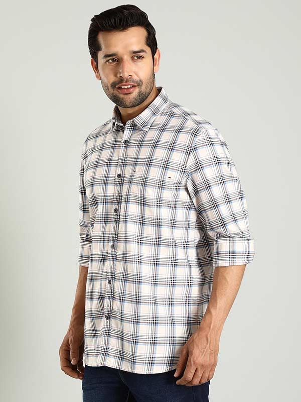 Indian Terrain Men's Regular Fit Full Sleeve Checkered Off White Shirt